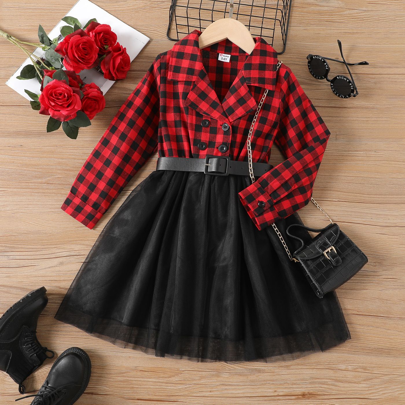 2PCS Kid Girl Fashionable Grid / Houndstooth Lapel Skirt Set