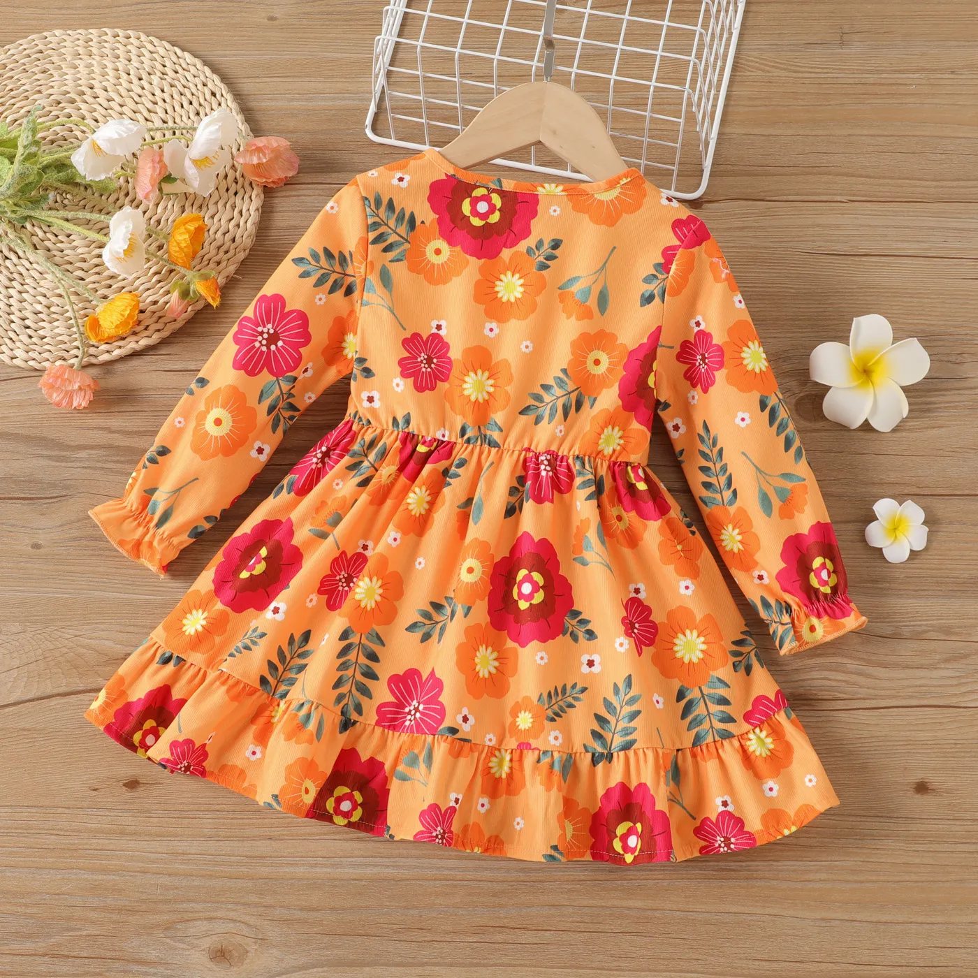 Toddler Girl Sweet  Flower Pattern Ruffle Edge Dress  image 2