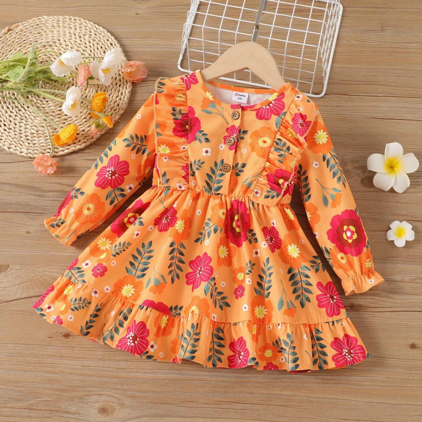 Toddler Girl Sweet  Flower Pattern Ruffle Edge Dress  big image 1