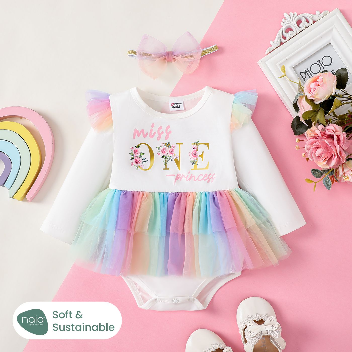 2pcs Bébé Fille Naia Douce Lettre Patten Mesh Ruffle Romper Set