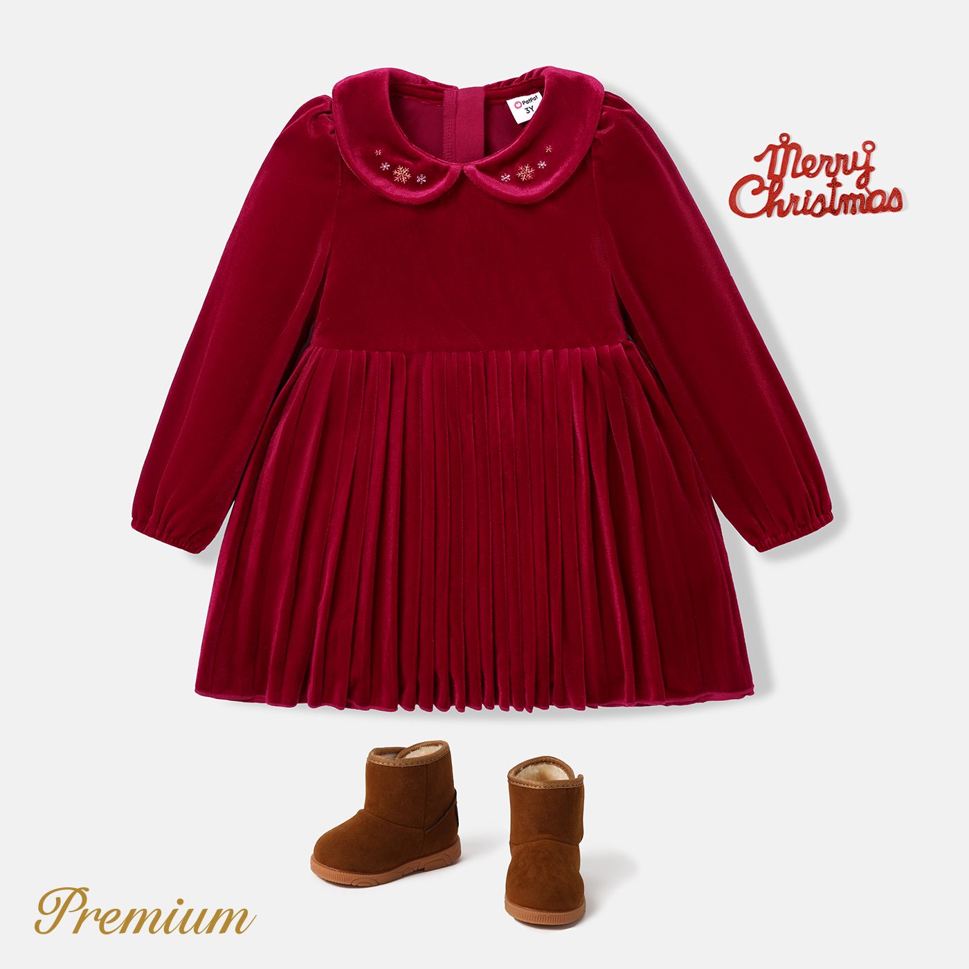 

Pleated Solid Color Long Sleeve Dress Elegant Christmas Toddler Girl