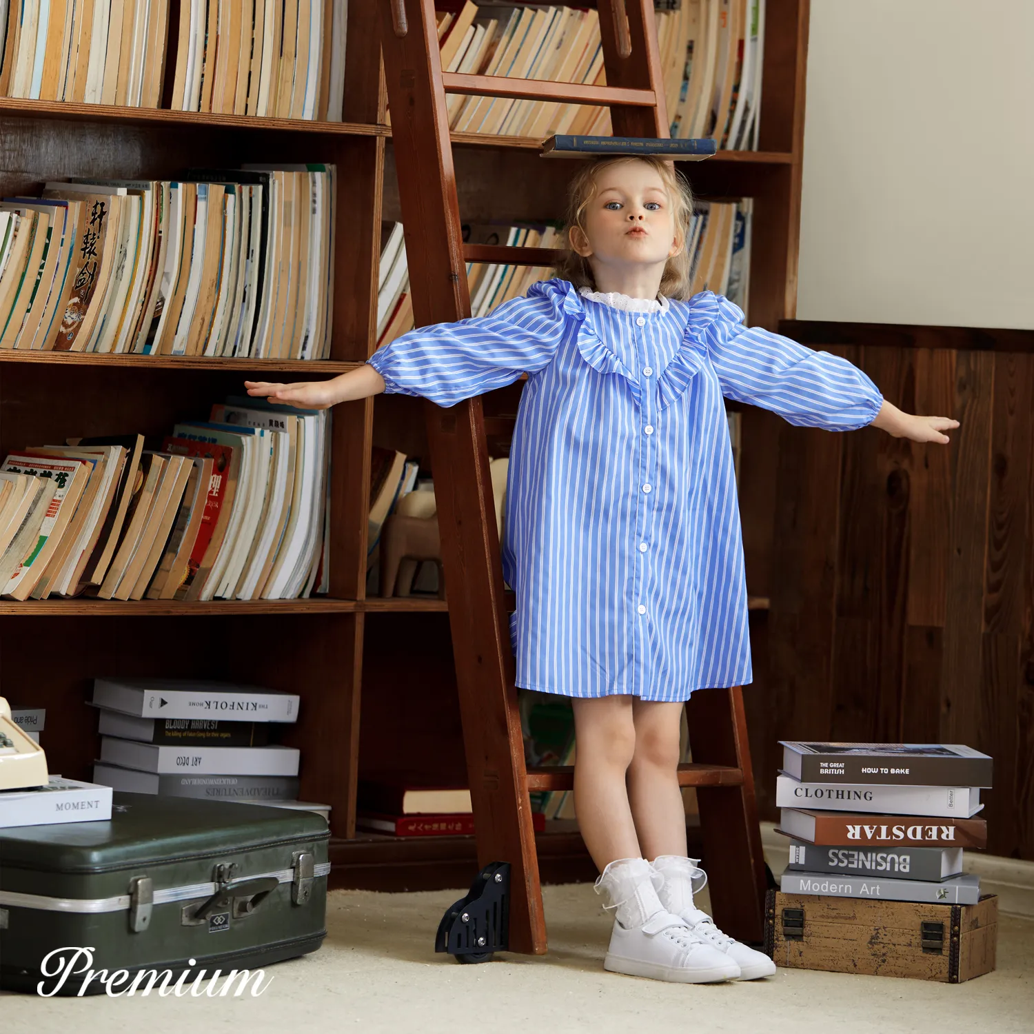 Medium Thickness Casual Loose Fit with Long Sleeves Ruffled Stripe Dress for Toddler Girls BLUE WHITE big image 1