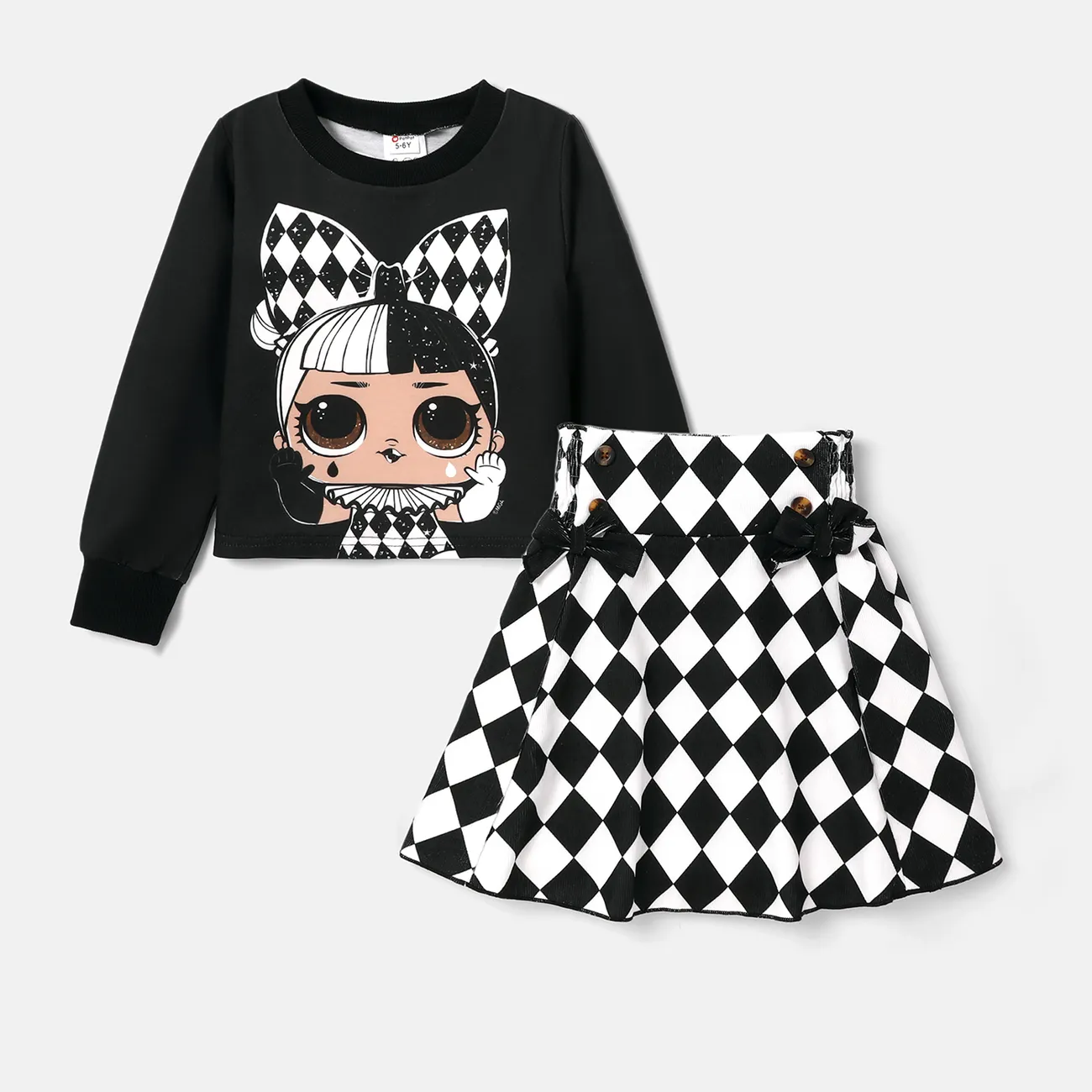 L.O.L. SURPRISE! Kid Girl 2pcs Character Print Long-sleeve Top and Plaid Skirt Set  BlackandWhite big image 1