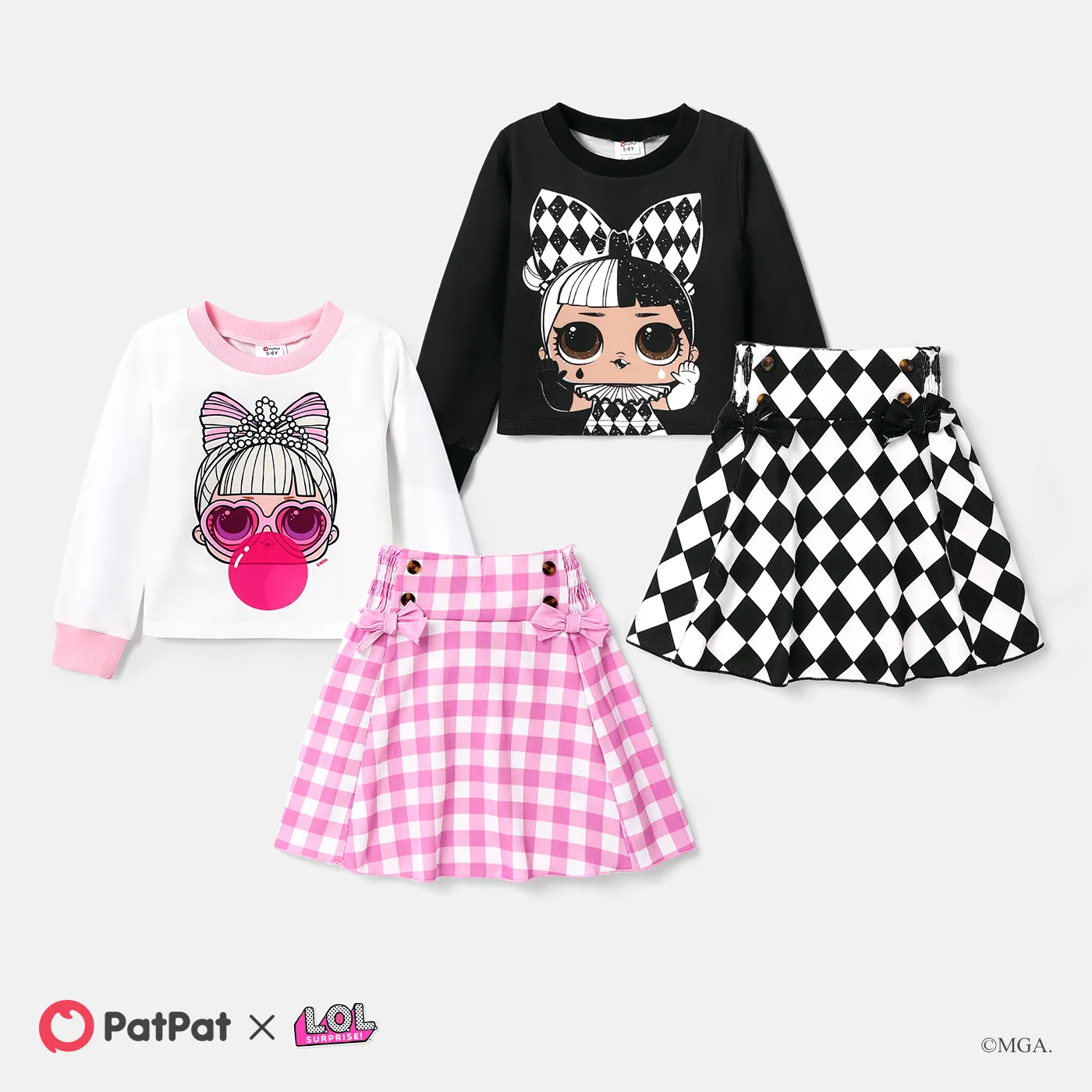L.O.L. SURPRISE! Kid Girl 2pcs Character Print Long-sleeve Top and Plaid Skirt Set 