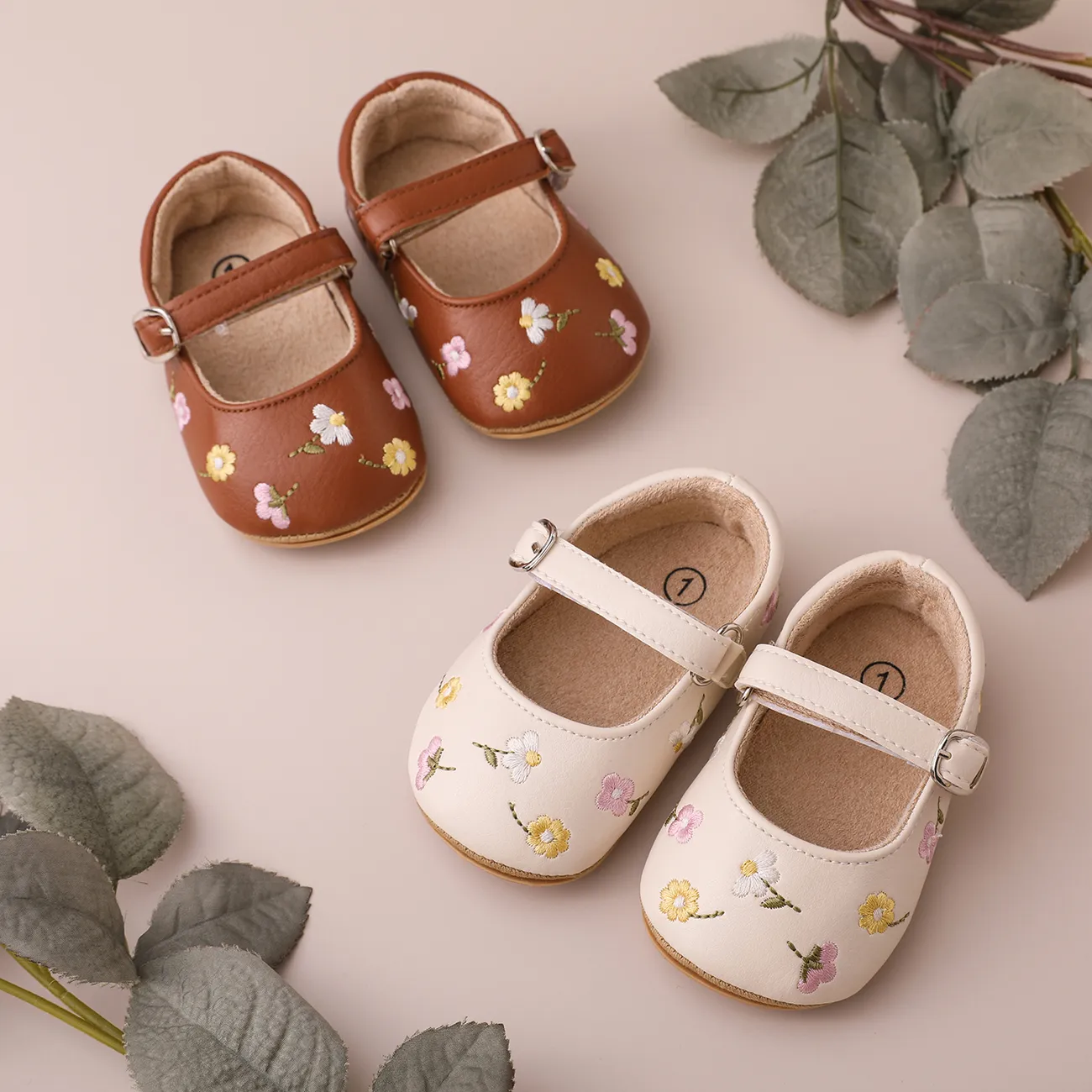 Baby Girl Sweet Floral Embroidery Prewalker Shoes  Apricot big image 1