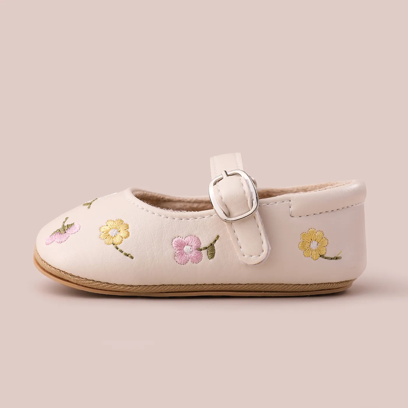 Baby Girl Sweet Floral Embroidery Prewalker Shoes  Apricot image 4