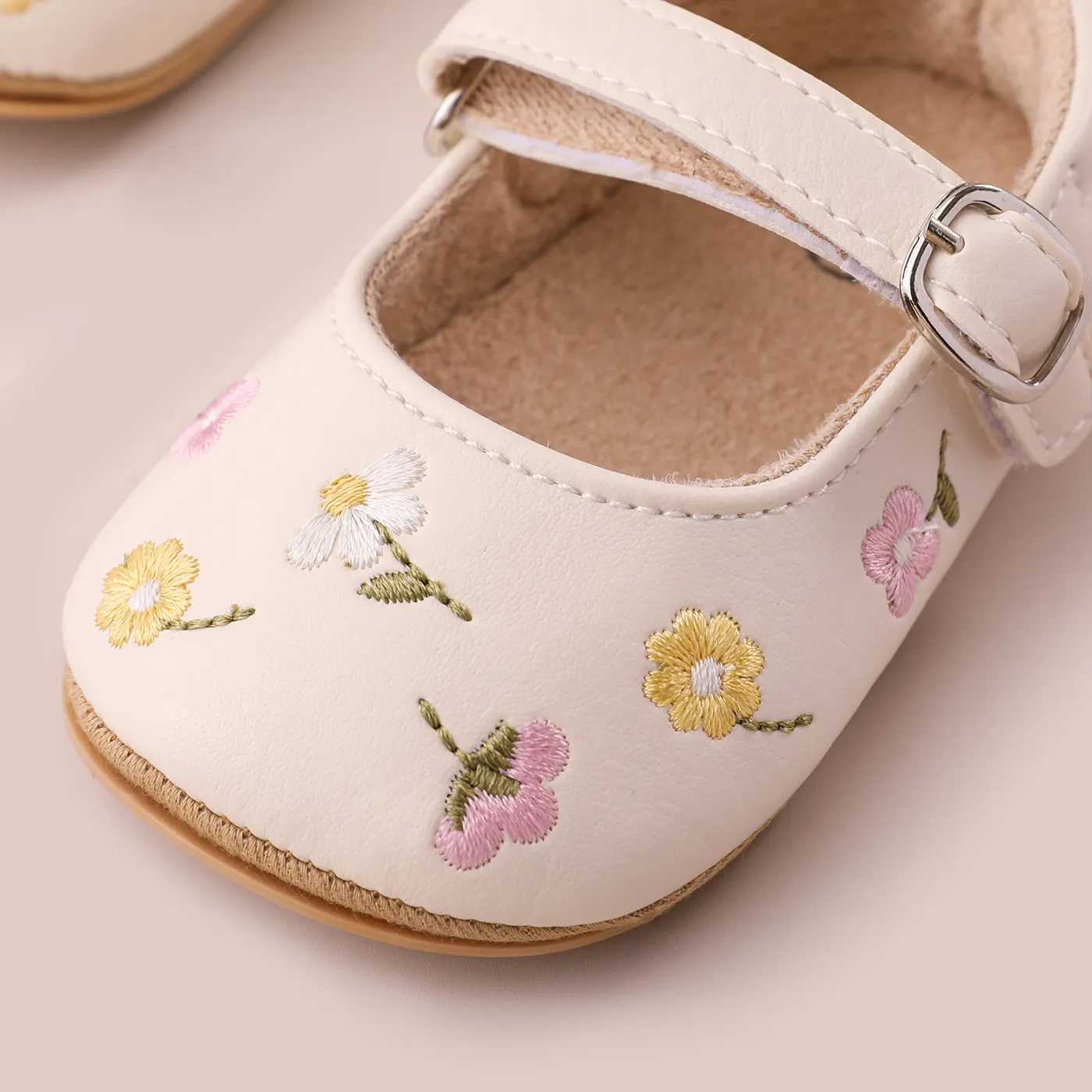 Baby Girl Sweet Floral Embroidery Prewalker Shoes  Apricot image 6