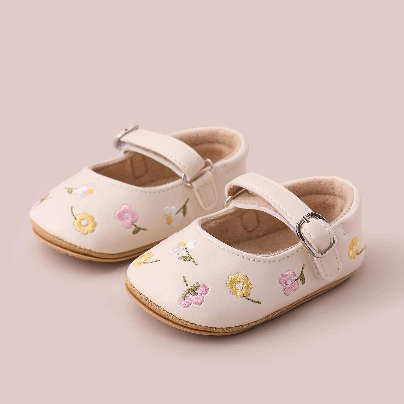 Baby Girl Sweet Floral Embroidery Prewalker Shoes  Apricot image 5