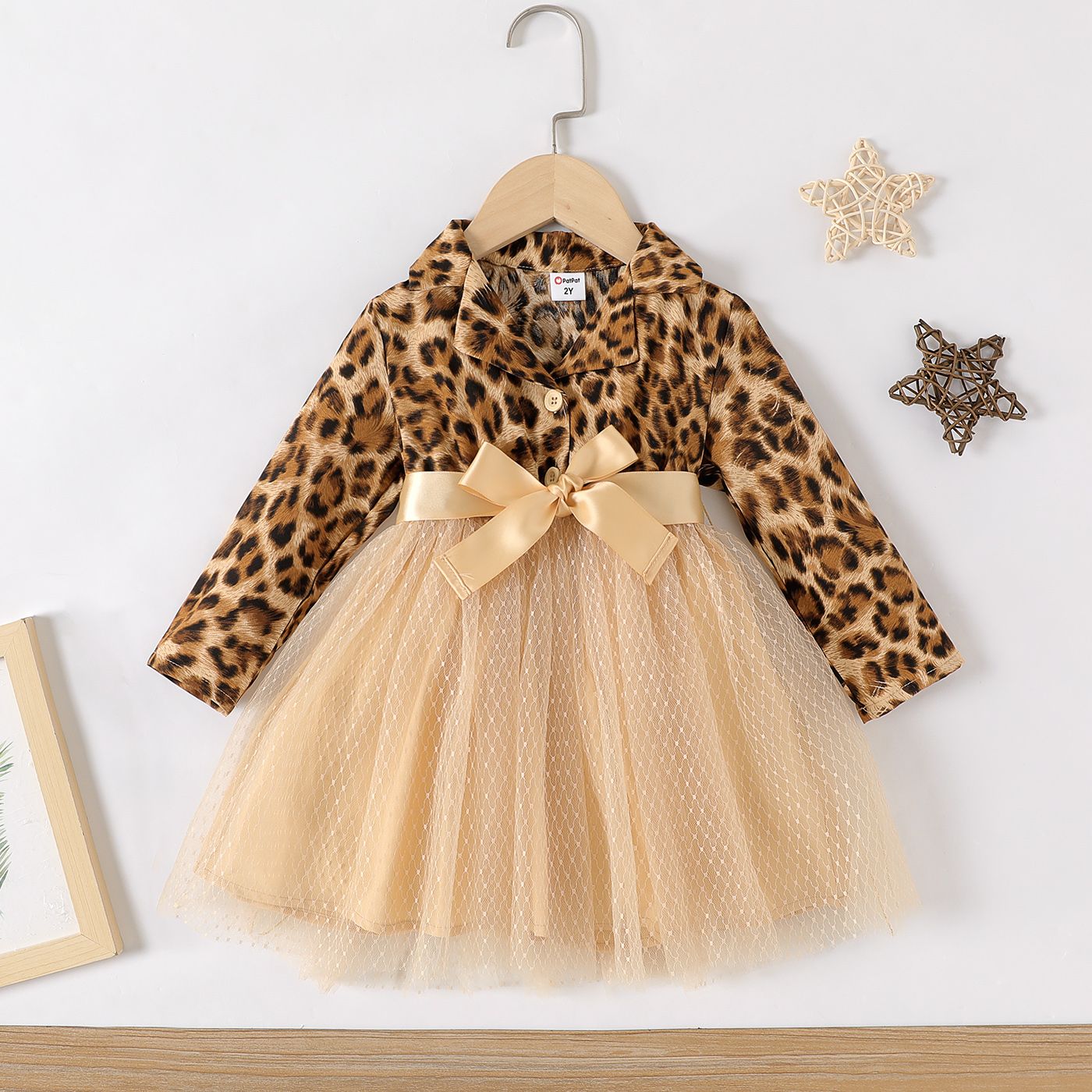 Toddler Girl Leopard Stitched Polka Dot Mesh Long Sleeve Dress