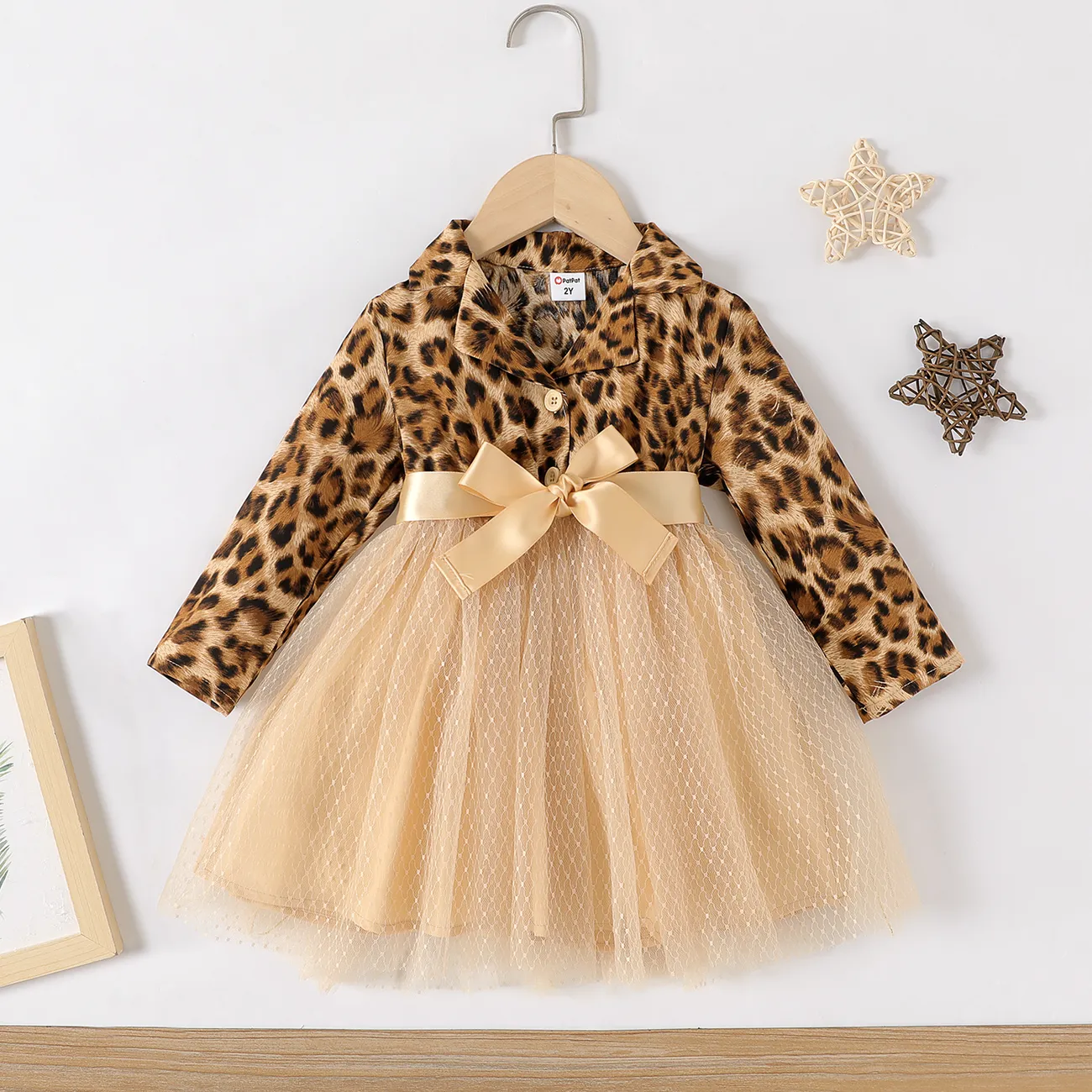  Toddler Girl Leopard Stitched Polka Dot Mesh Long Sleeve Dress   big image 1