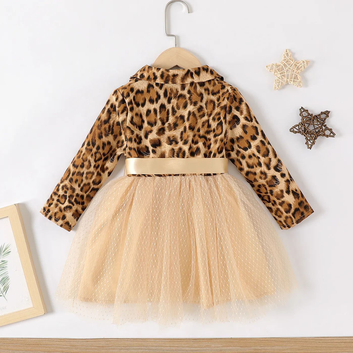  Toddler Girl Leopard Stitched Polka Dot Mesh Long Sleeve Dress   image 2