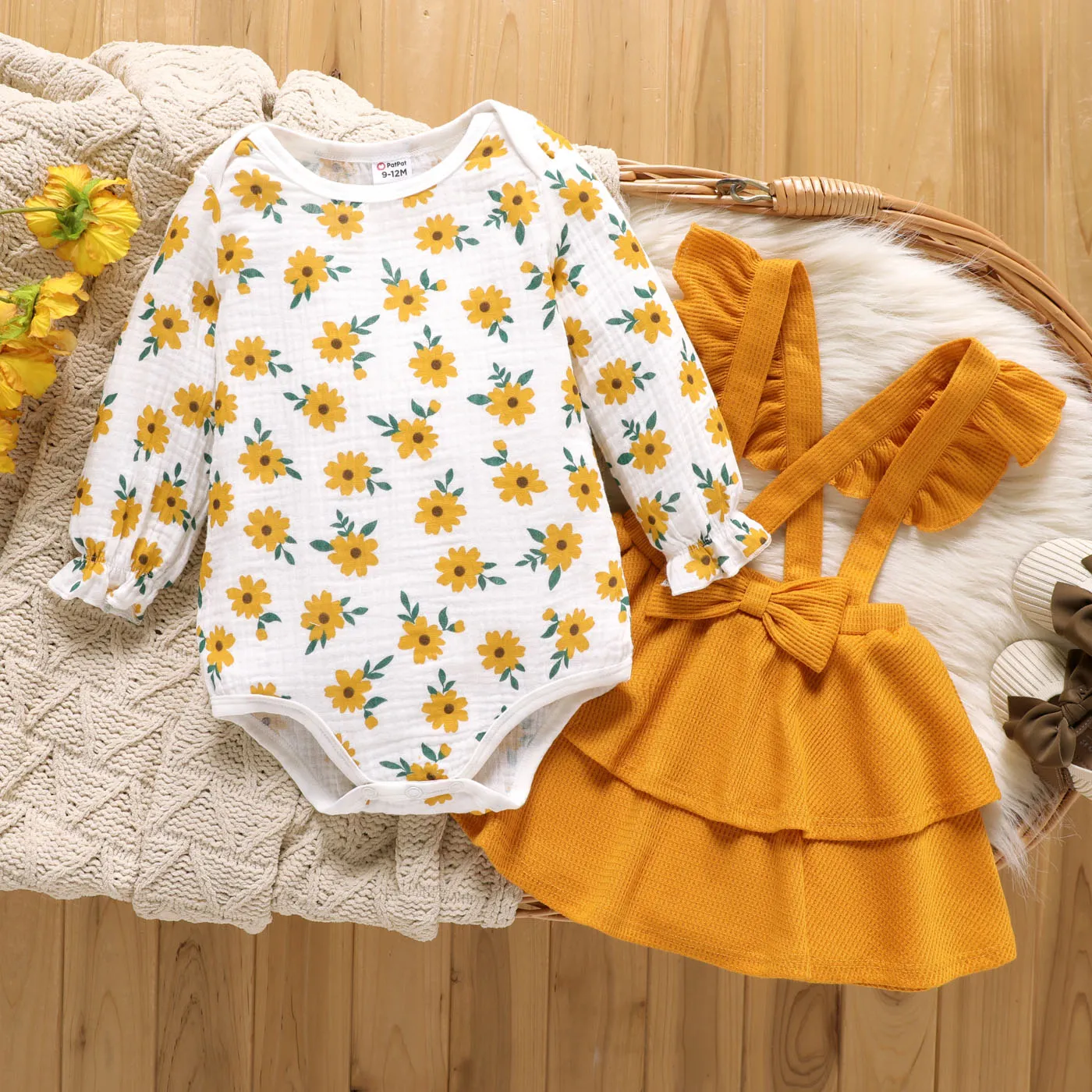 2PCS Baby Girl  Sweet  Floral Plants Jumpsuit and Ruffle Dress Set   big image 1