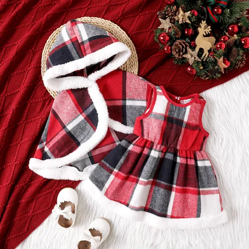 2PCS Baby Girl Grid/Houndstooth Pattern Christmas Sweet Hooded Suit Dress/Cloak