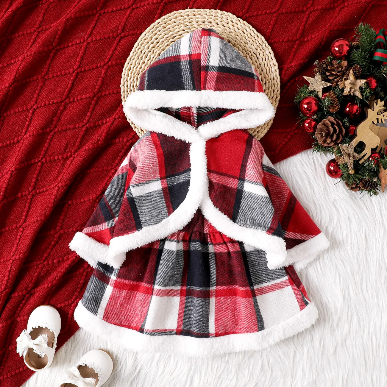 2PCS Baby Girl Grid/Houndstooth Pattern Christmas Sweet Hooded Suit Dress/Cloak Red big image 1