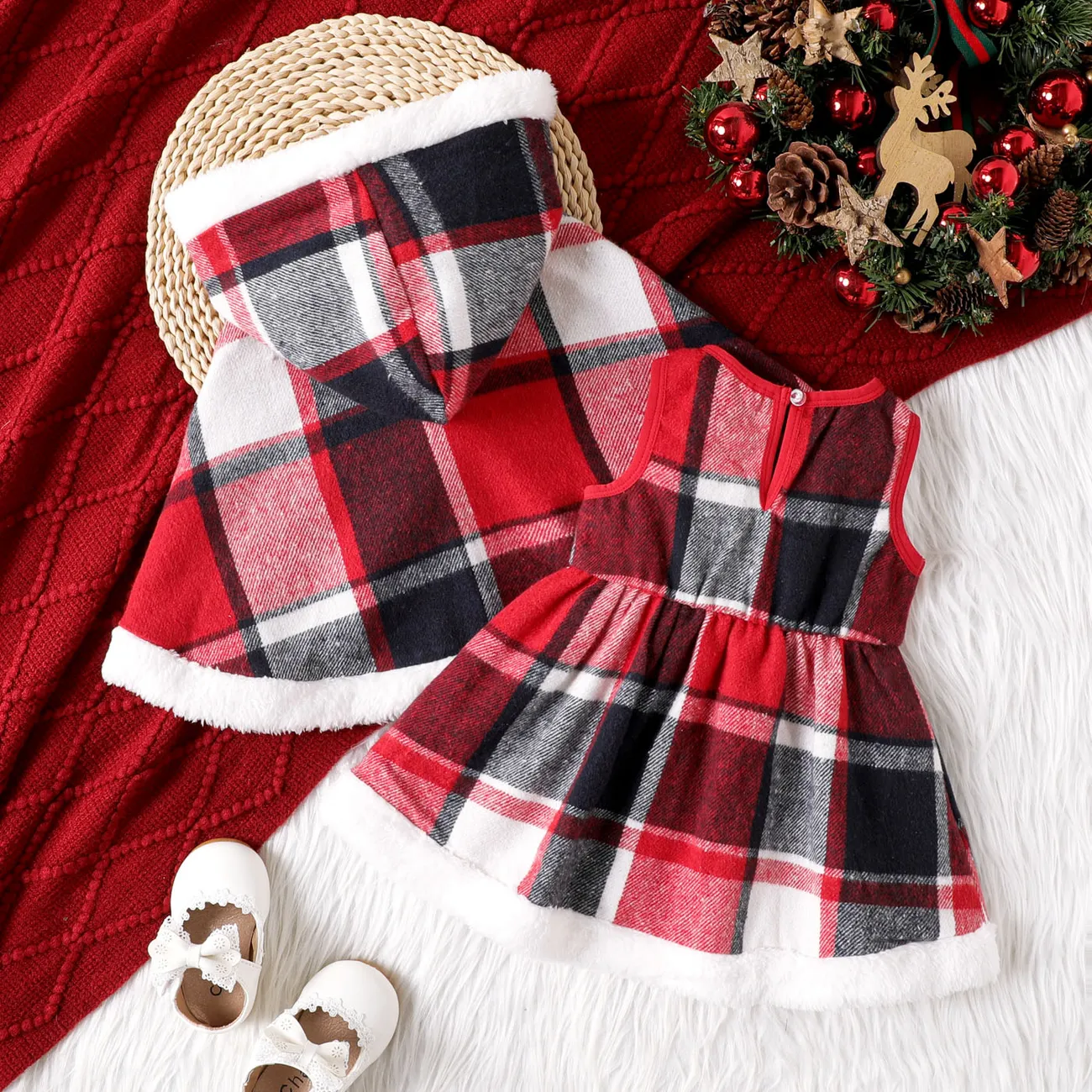 2PCS Baby Girl Grid/Houndstooth Pattern Christmas Sweet Hooded Suit Dress/Cloak Red big image 1