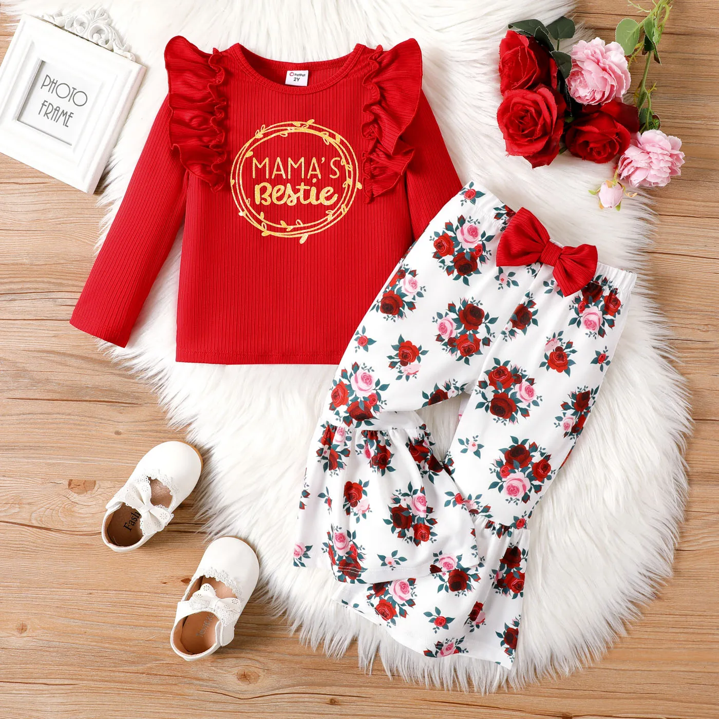  2PCS Toddler Girl Childlike Horn Edge and Rose Flower Pattern  Sets   big image 1