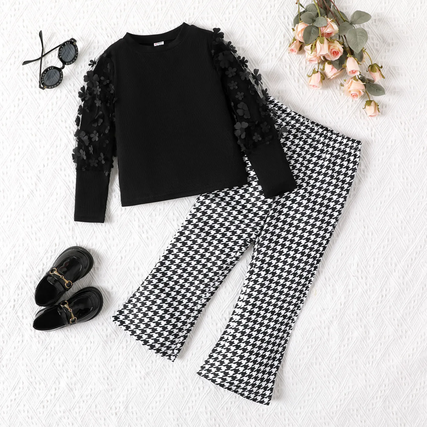 2PCS  Kid Girl Hyper-Tactile 3D Grid/Houndstooth Avant-Garde  Bubble Sleeve Set
