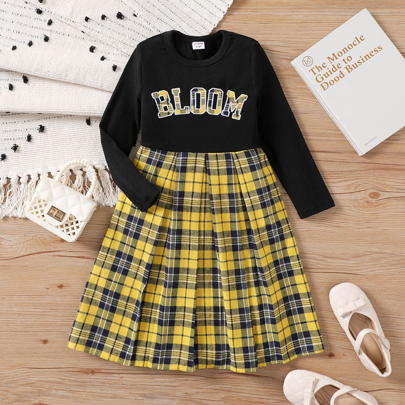 Kid Girl Letters Embroidery Plaid Long-sleeve Dress