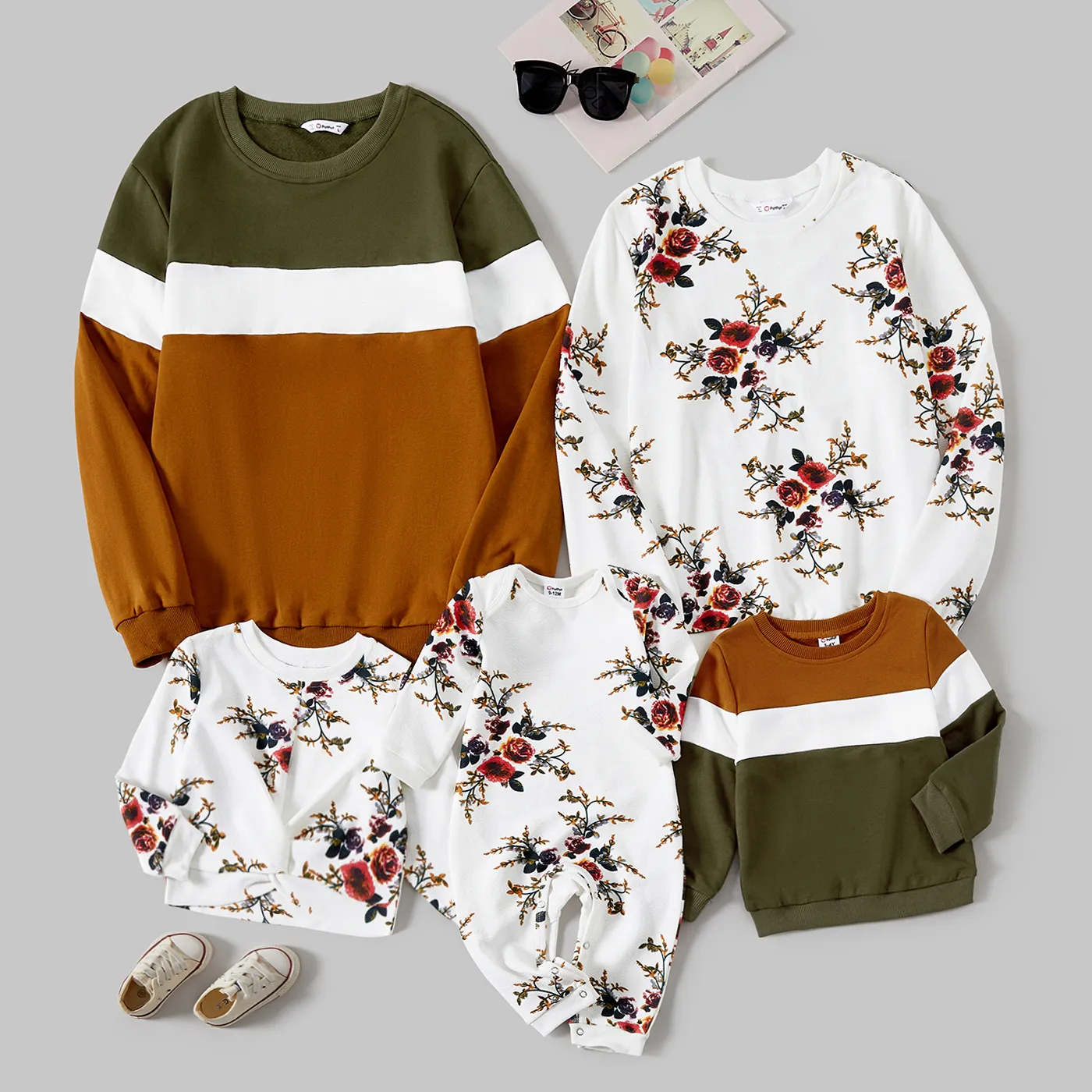 Family Matching Allover Floral Print And Colorblock Tops