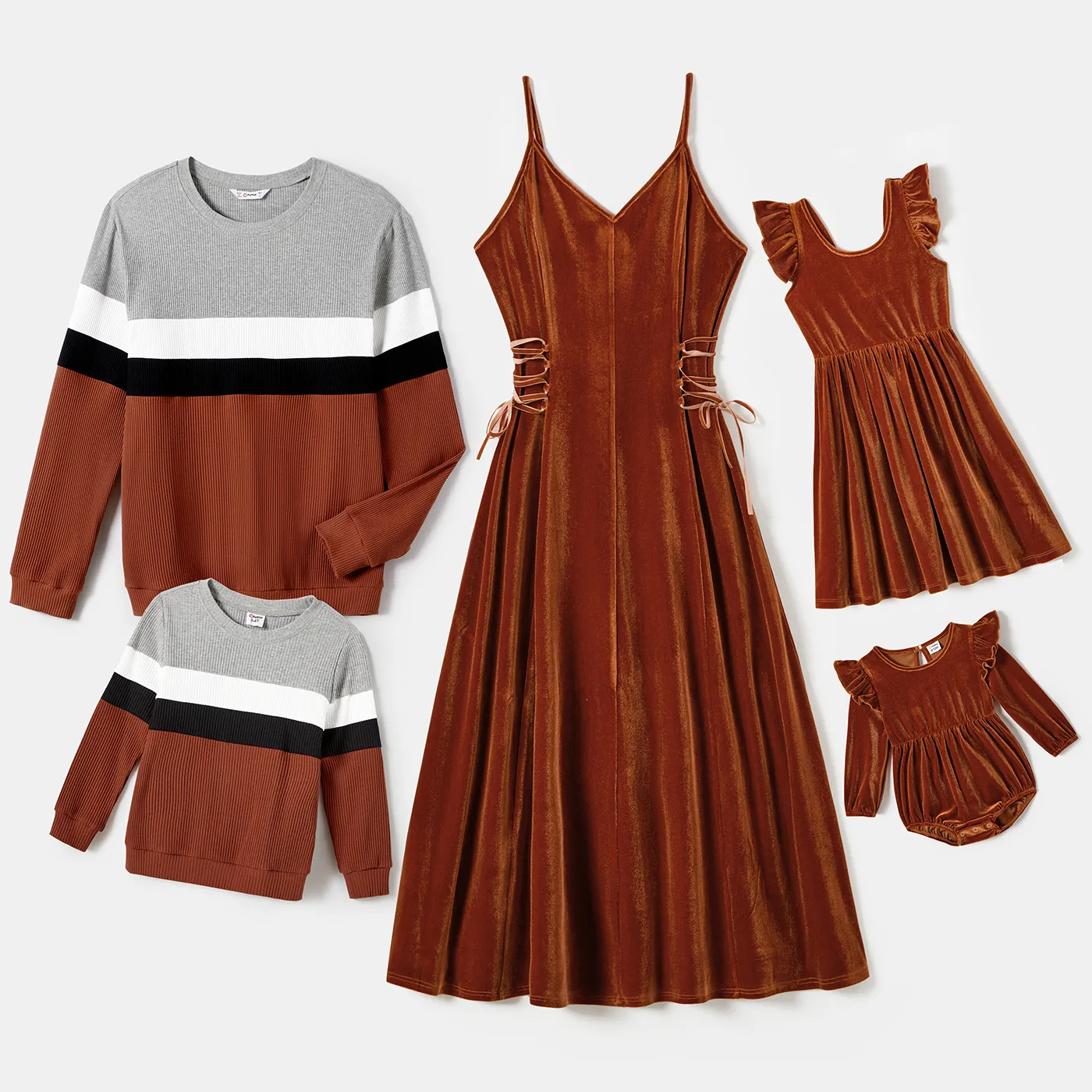 Family Matching Ribbed Colorblock Tops And Waist-side Drawstring Velet Dresses Sets