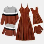 Family Matching Ribbed Colorblock Tops and waist-side Drawstring Velet Dresses Sets  image 2