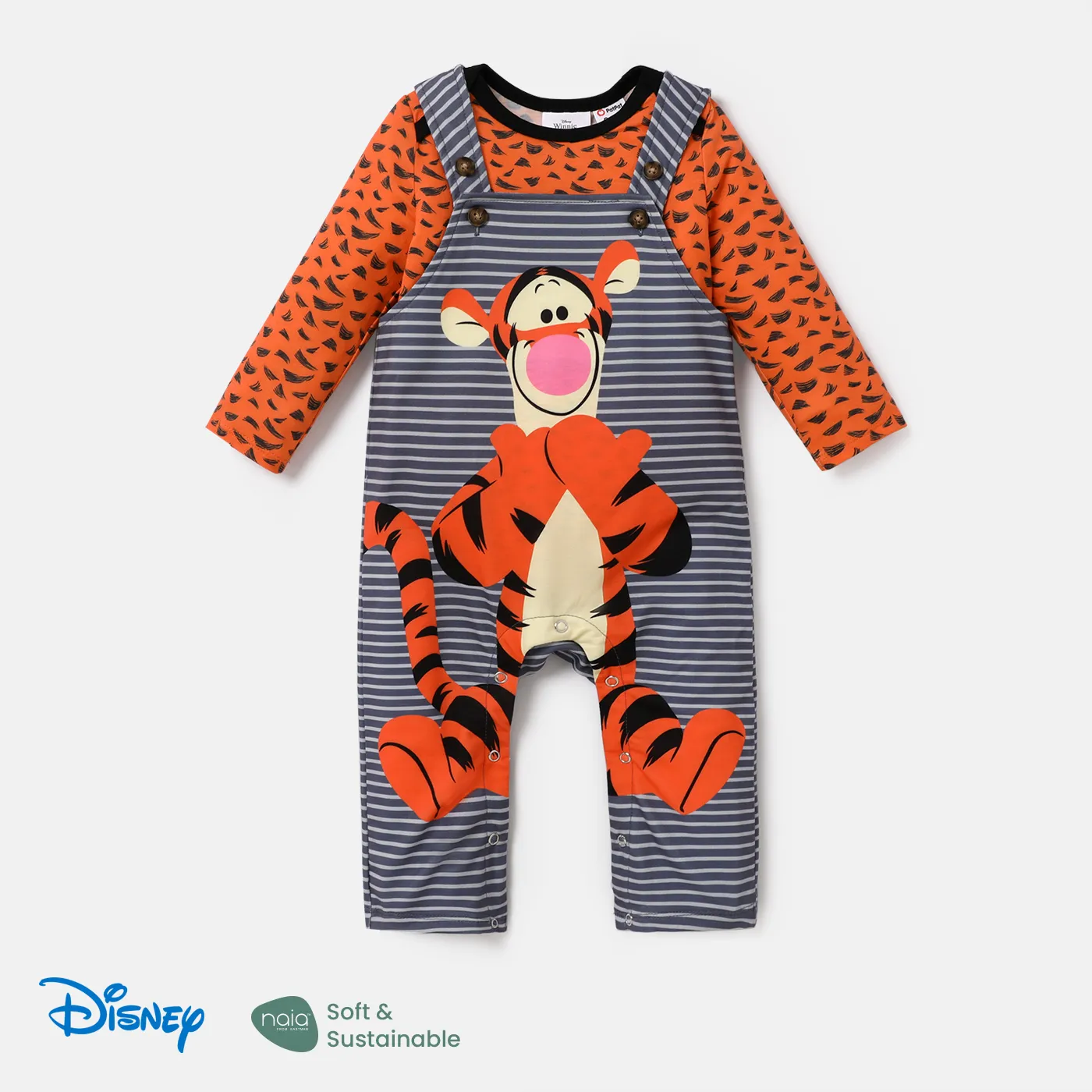 Disney Winnie the Pooh Baby Boy 2pcs Naia™ Allover Print Long-sleeve Bodysuit and Striped Suspender Jumpsuit Set 