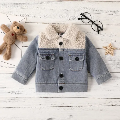 Baby Boy/Girl Casual Solid Color Fleece-Stitching Denim Jacket 