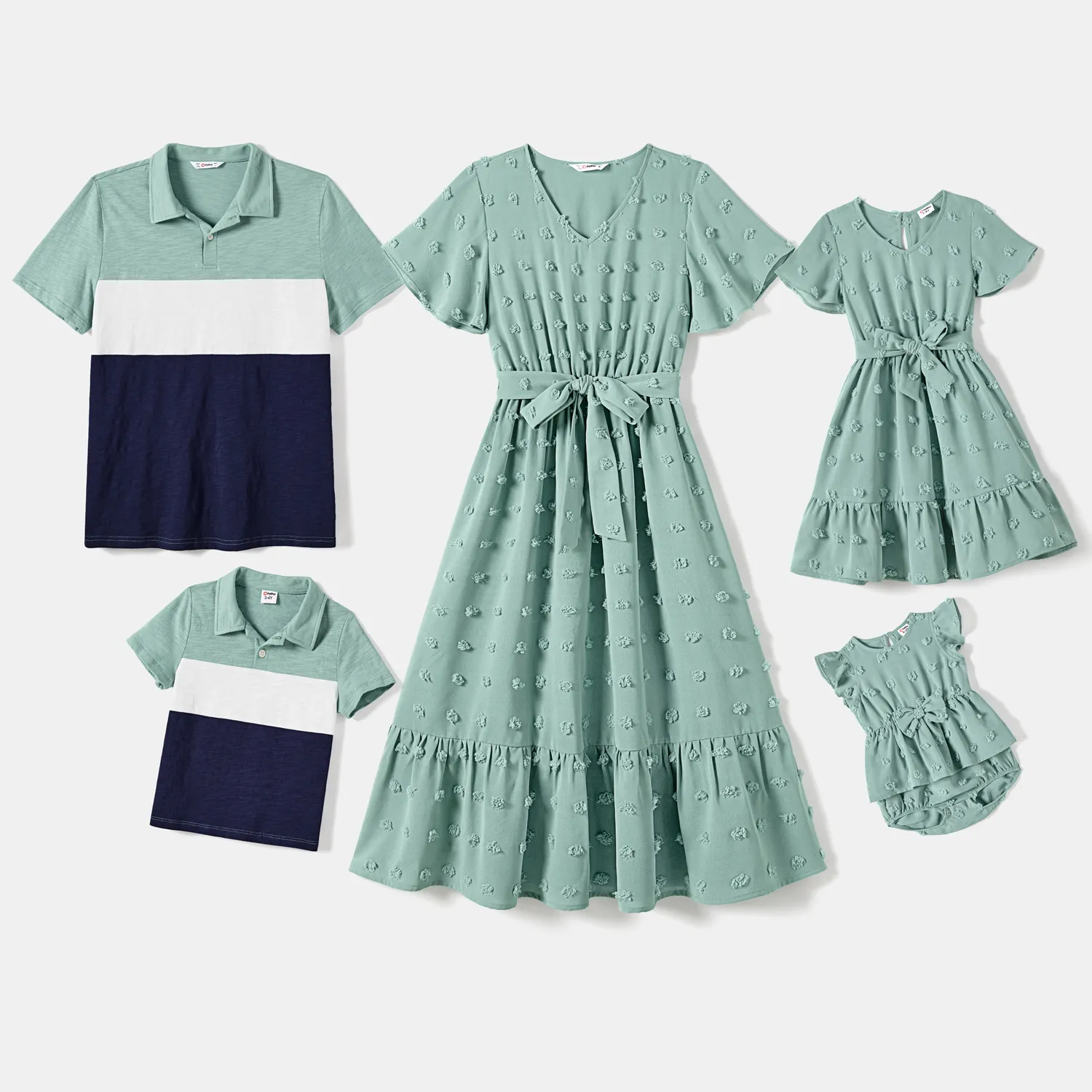 Family Matching Swiss Dots V Neck Short-sleeve Belted Dresses and Color Block Tops Sets
