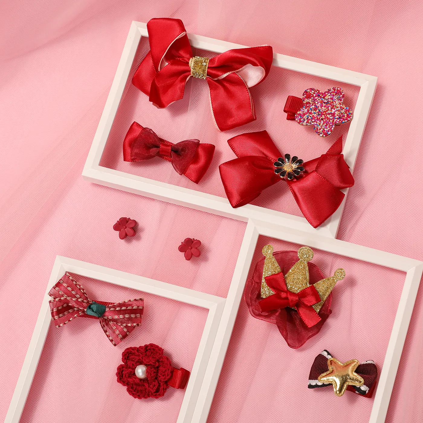 10pcs crianças bow knot flor coroa cabelo acessórios pacote de presente Vermelho