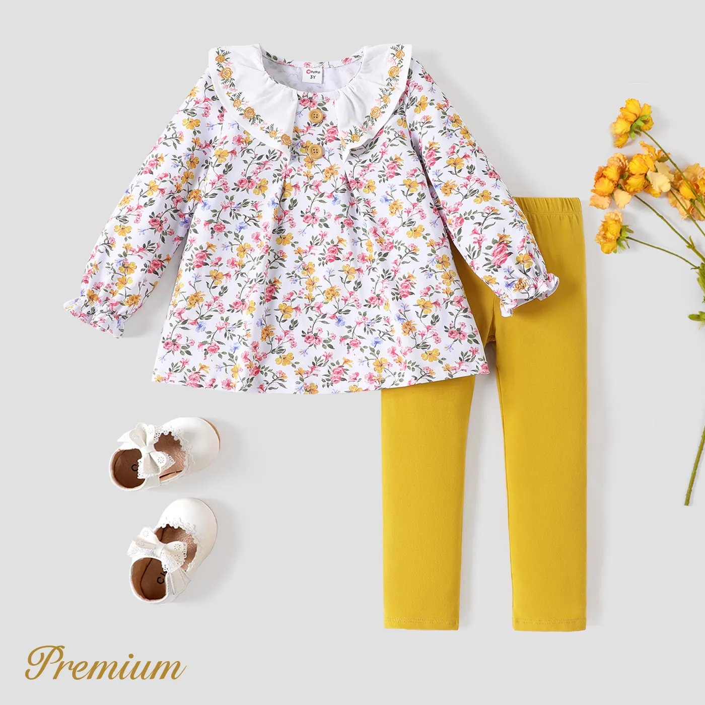 2PCS Elegant Toddler Girl's Cotton Spandex Set with Ruffle Edge