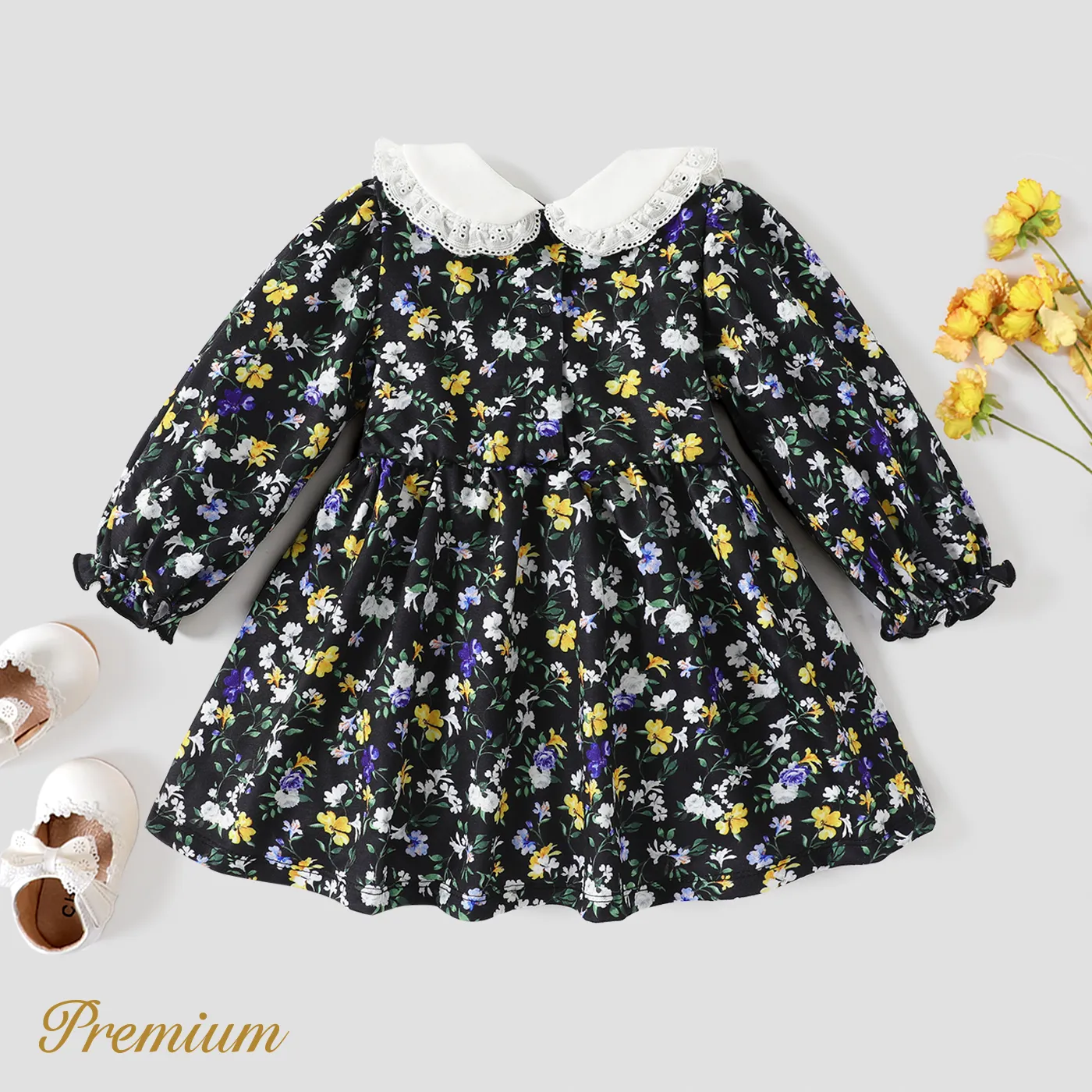 Elegant Long Sleeve Floral Dress for Baby Girl Black image 3