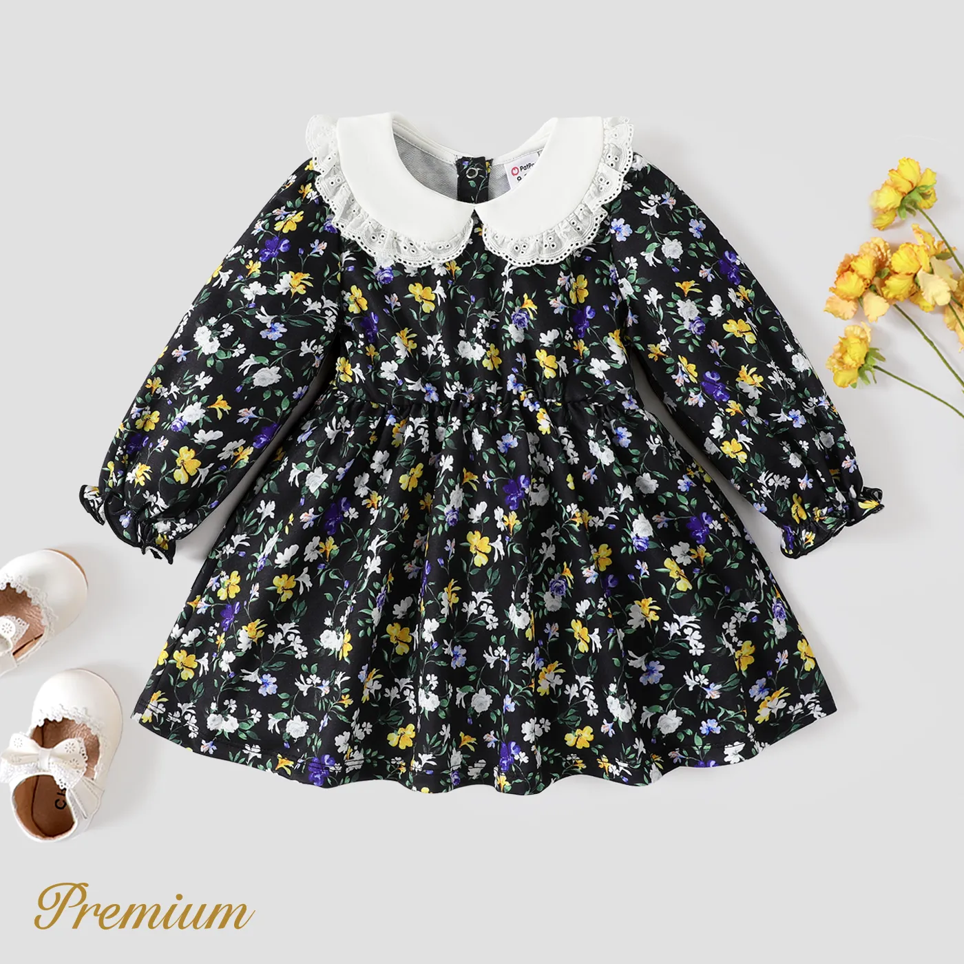 Elegant Long Sleeve Floral Dress for Baby Girl Black big image 1