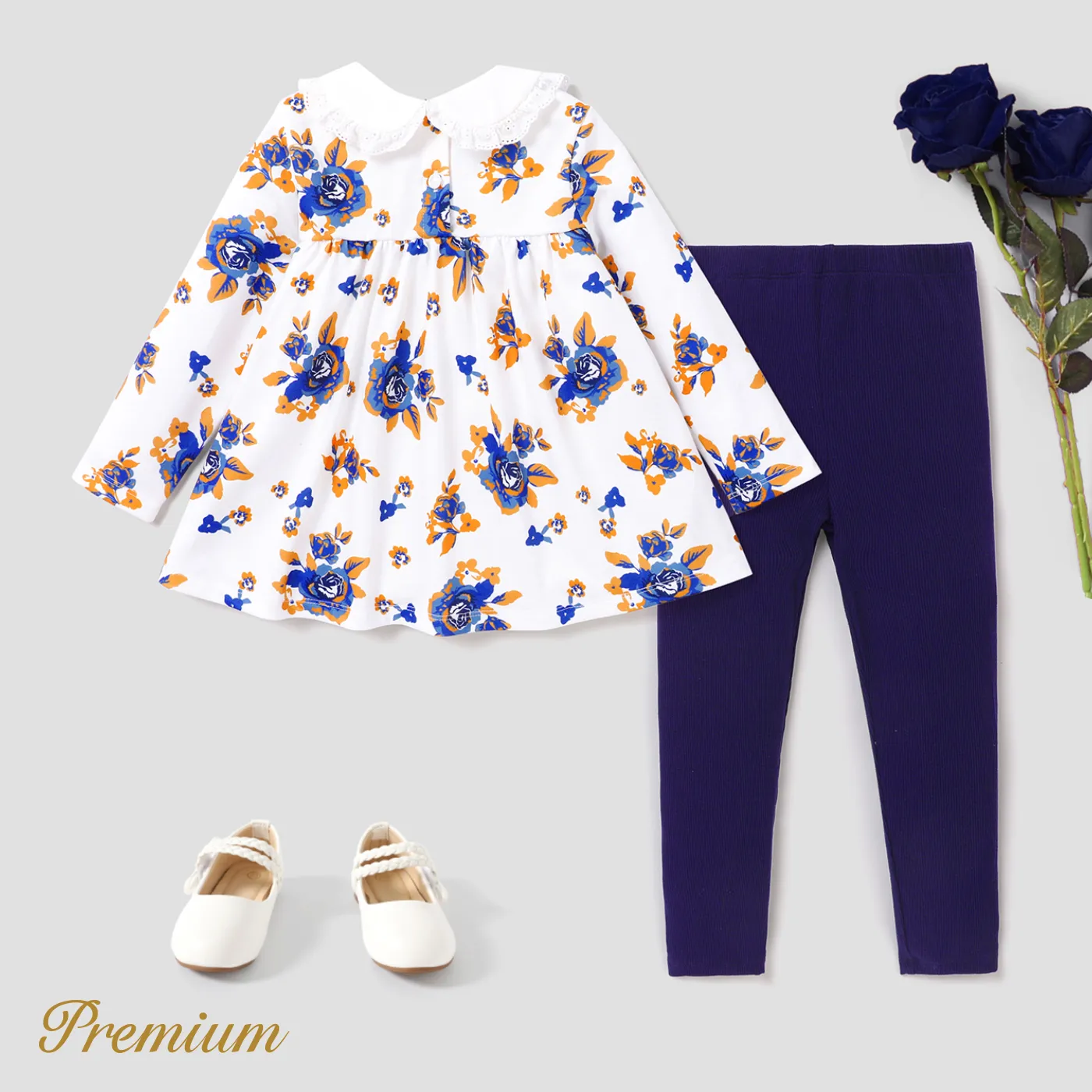 2 pcs Medium Thick Floral Elegant Ruffle Edge Toddler Girl Set Dark Blue/white image 6
