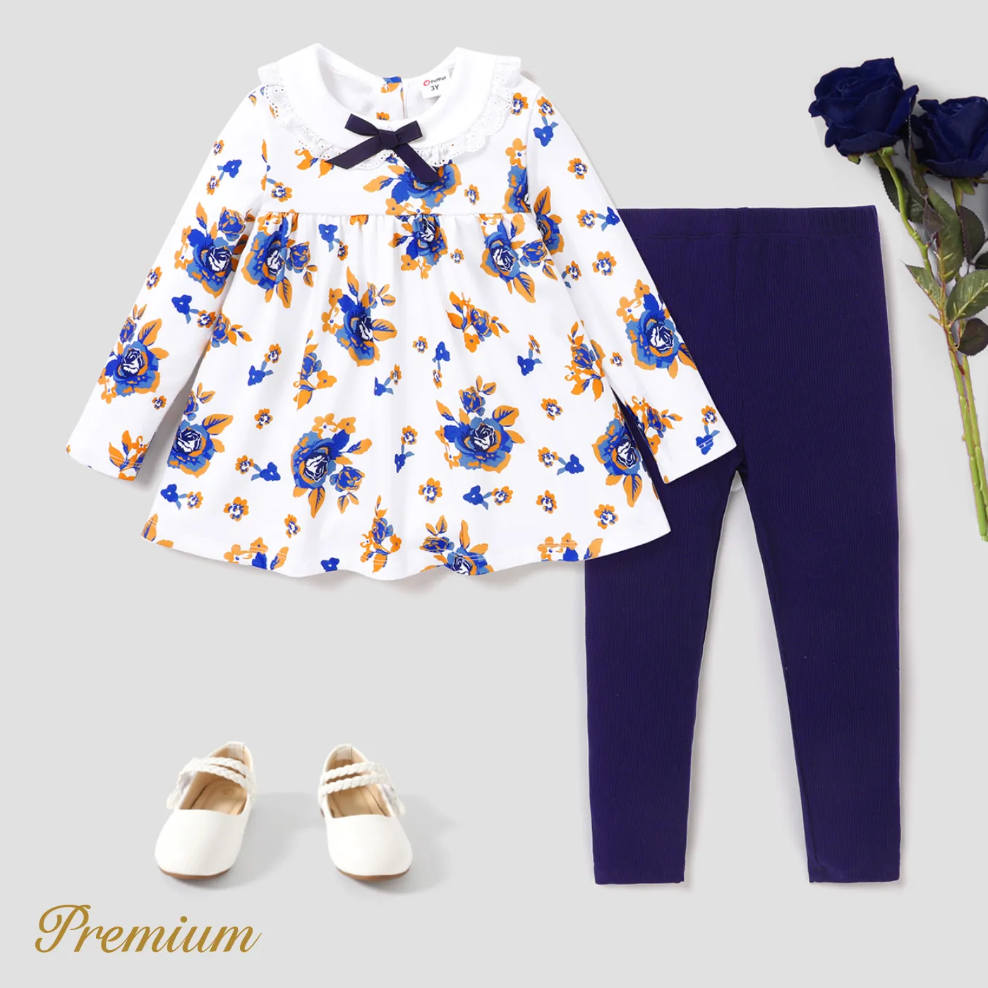 2 pcs Medium Thick Floral Elegant Ruffle Edge Toddler Girl Set Dark Blue/white big image 1