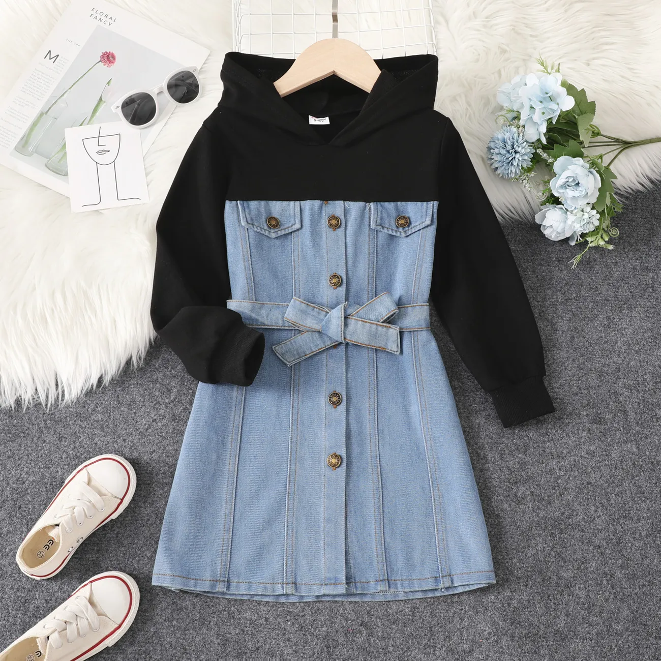 Kid Girl Solid Color Fabric Stitching  Casual Denim Dress  Blue big image 1