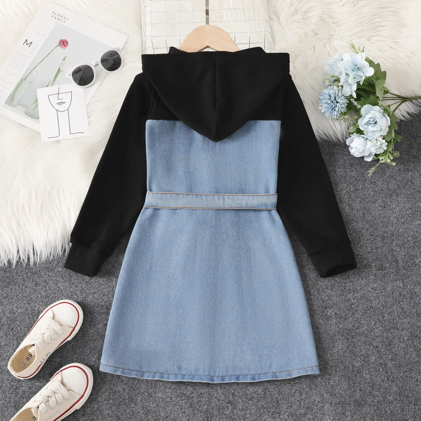 Kid Girl Solid Color Fabric Stitching  Casual Denim Dress  Blue image 5