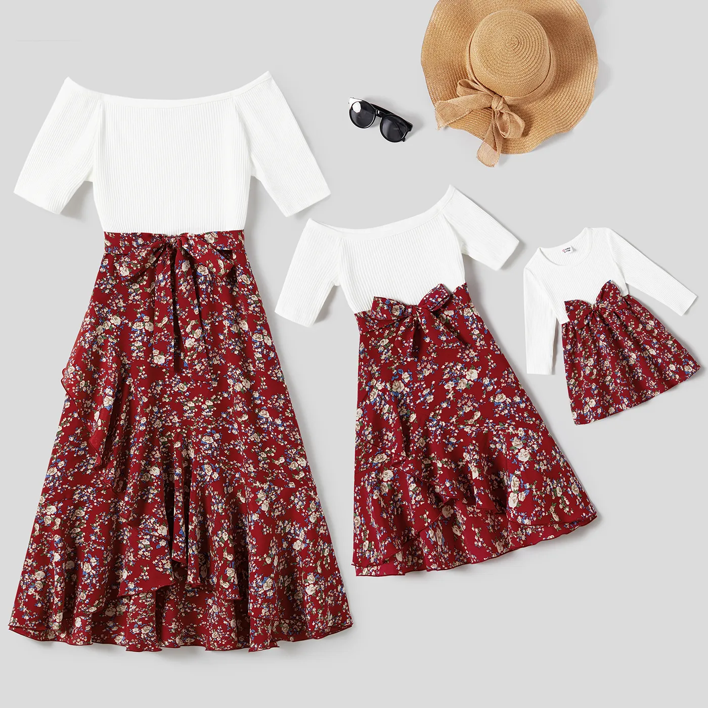 Mommy and Me Spliced Floral Print Ruffle Trim Tulip Hem Belted Long-sleeve Dresses