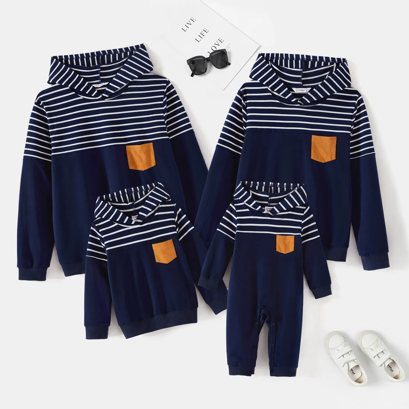 Family Matching Blue Striped Spliced Long-sleeve Hoodies