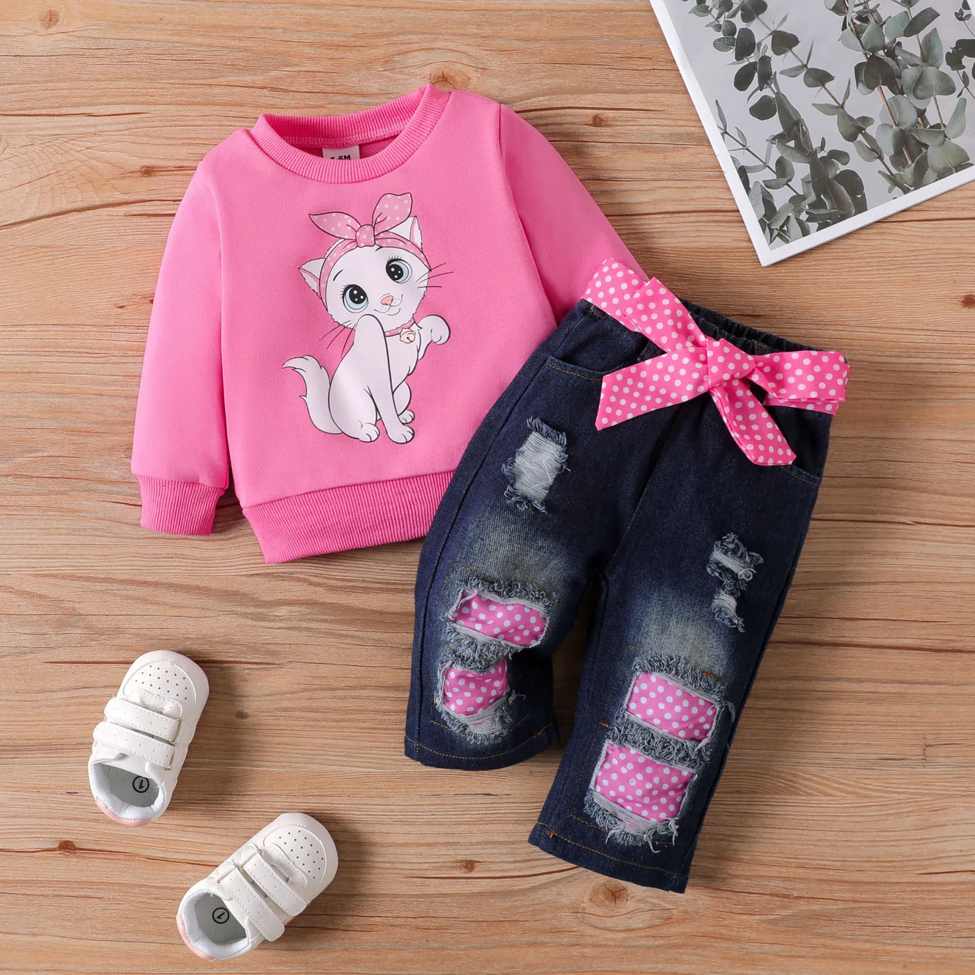 3PCS Girl‘s Childlike Cat Pattern Distressed Patchwork Denim Jean set   big image 1
