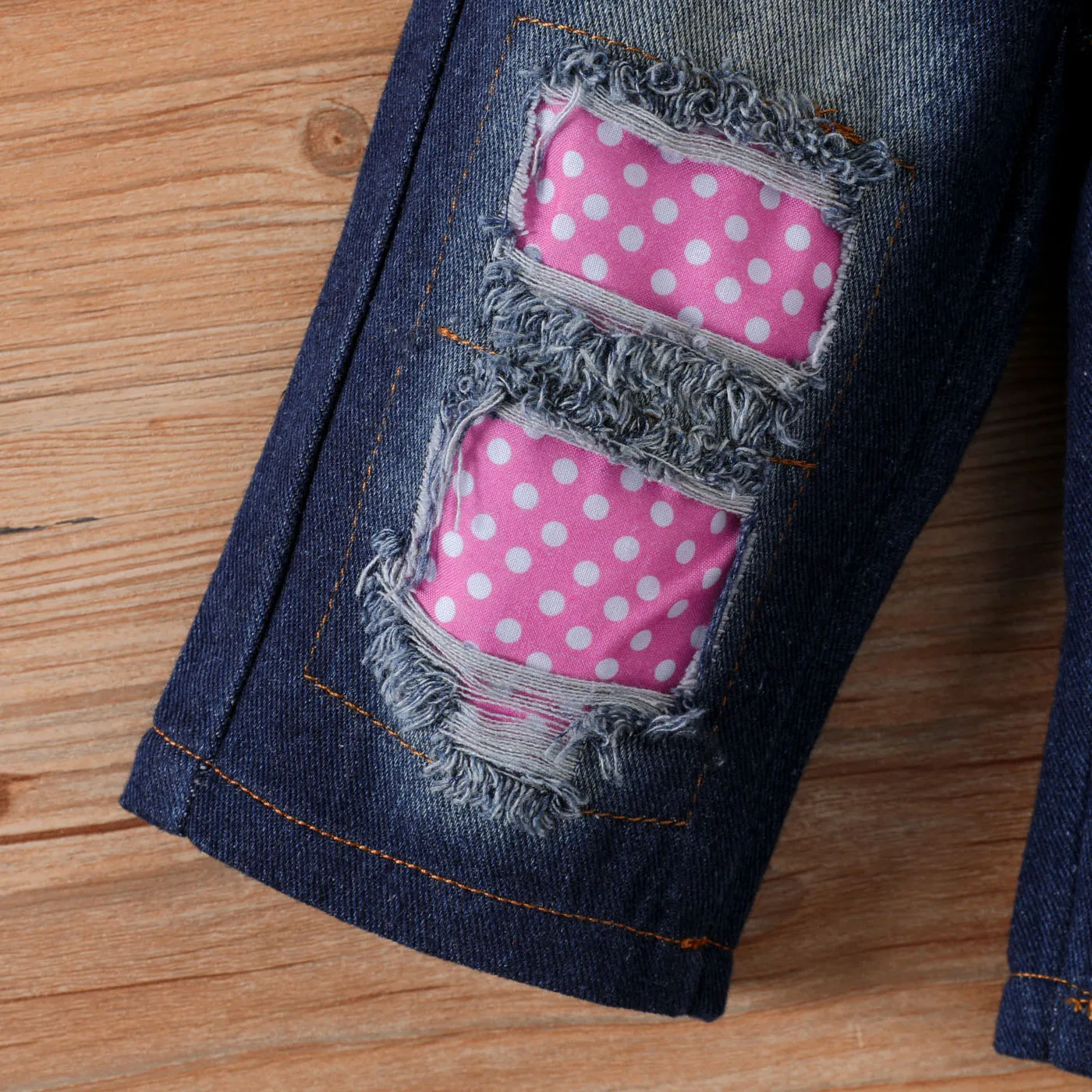 3PCS Girl‘s Childlike Cat Pattern Distressed Patchwork Denim Jean set   image 5