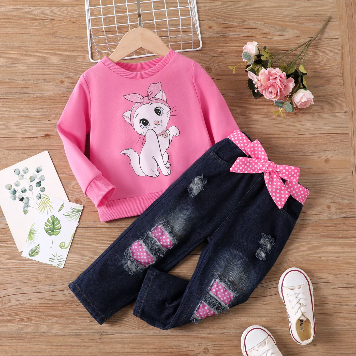 3PCS Girl‘s Childlike Cat Pattern Distressed Patchwork Denim Jean set  toddler Pink