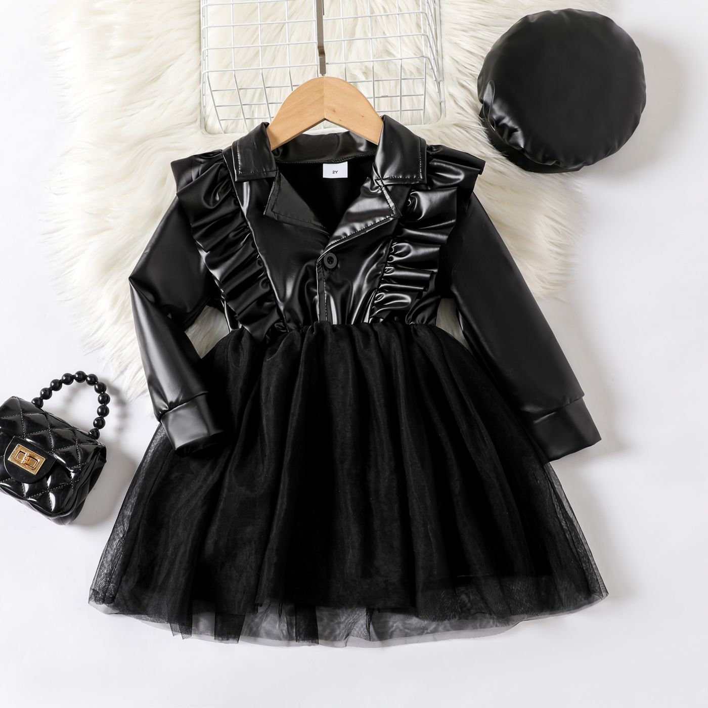 

Toddler Girl Pretty Mesh Avant-garde Flutter Sleeve Leather Dress