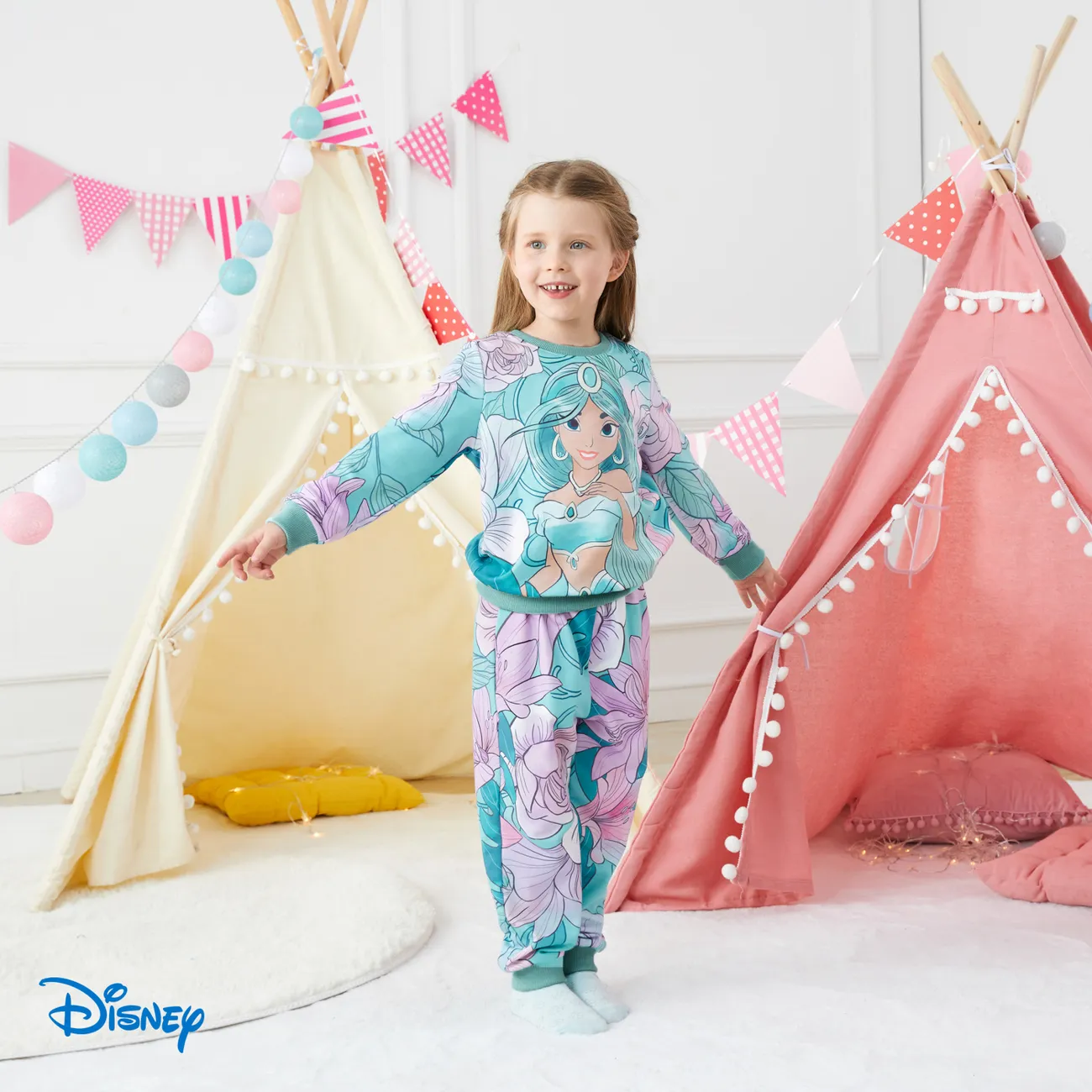 Disney Princess Baby Girl 2pcs Character Print Long-sleeve Top and Pants Set Turquoise big image 1
