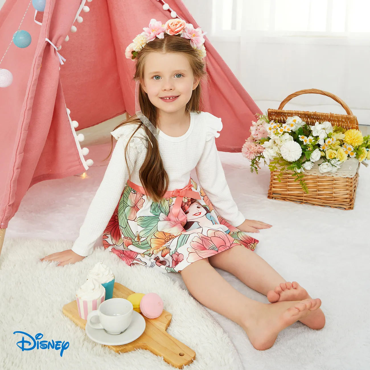 Disney Princess Toddler Girl Floral Waist Webbing Dress White big image 1