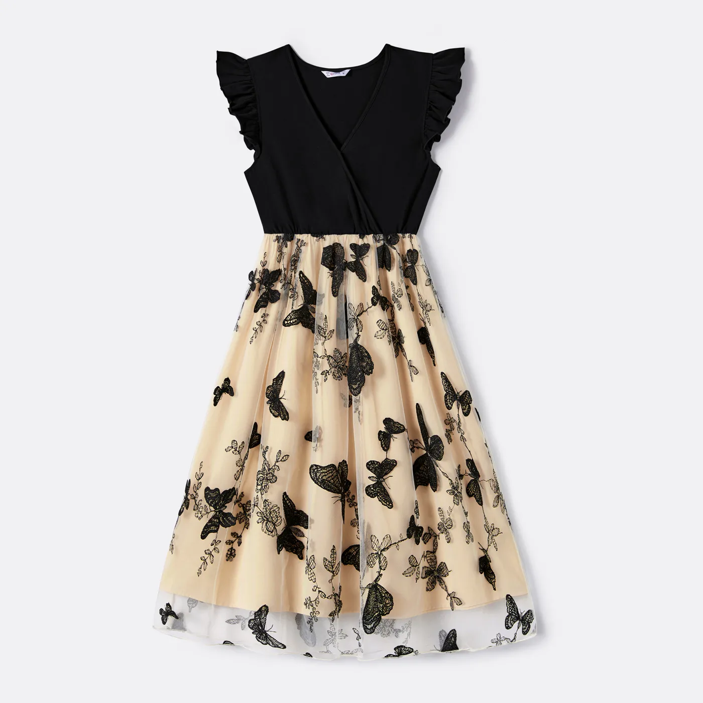 Family Matching Solid V Neck Flutter-sleeve Splicing Butterfly Print Dresses And Short-sleeve Colorblock T-shirts Sets