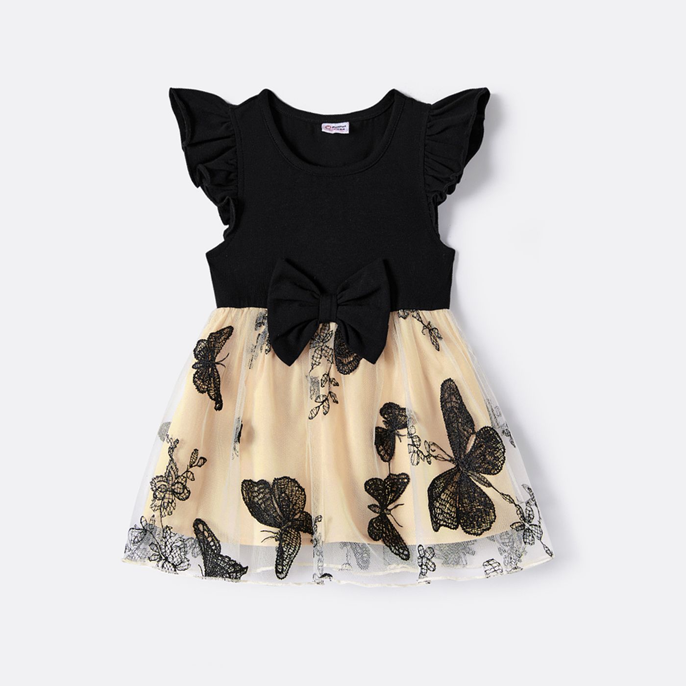 Family Matching Solid V Neck Flutter-sleeve Splicing Butterfly Print Dresses and Short-sleeve Colorb