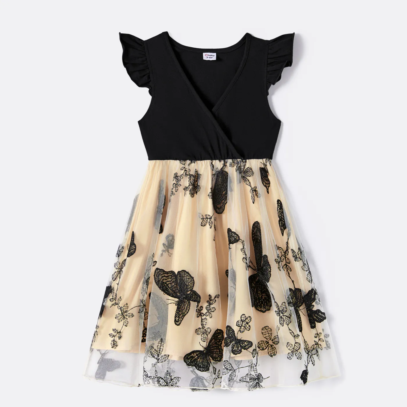 Family Matching Solid V Neck Flutter-sleeve Splicing Butterfly Print Dresses And Short-sleeve Colorblock T-shirts Sets