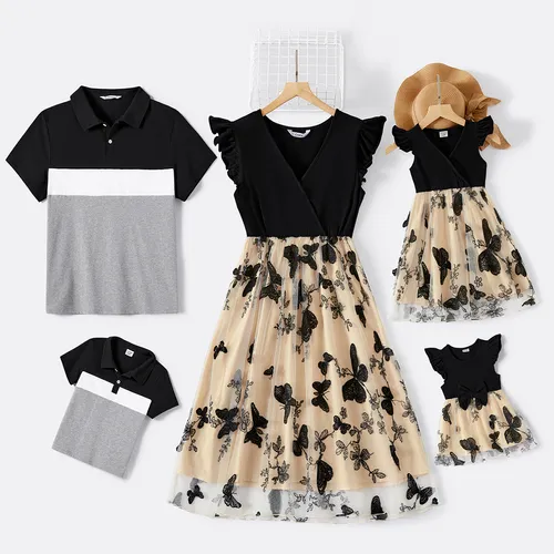 Family Matching Solid V Neck Flutter-sleeve Splicing Butterfly Print Dresses and Short-sleeve Colorblock T-shirts Sets