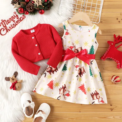 2PCS Toddler Girl  Childlike Button Feature Christmas Coat/Skirt Set
