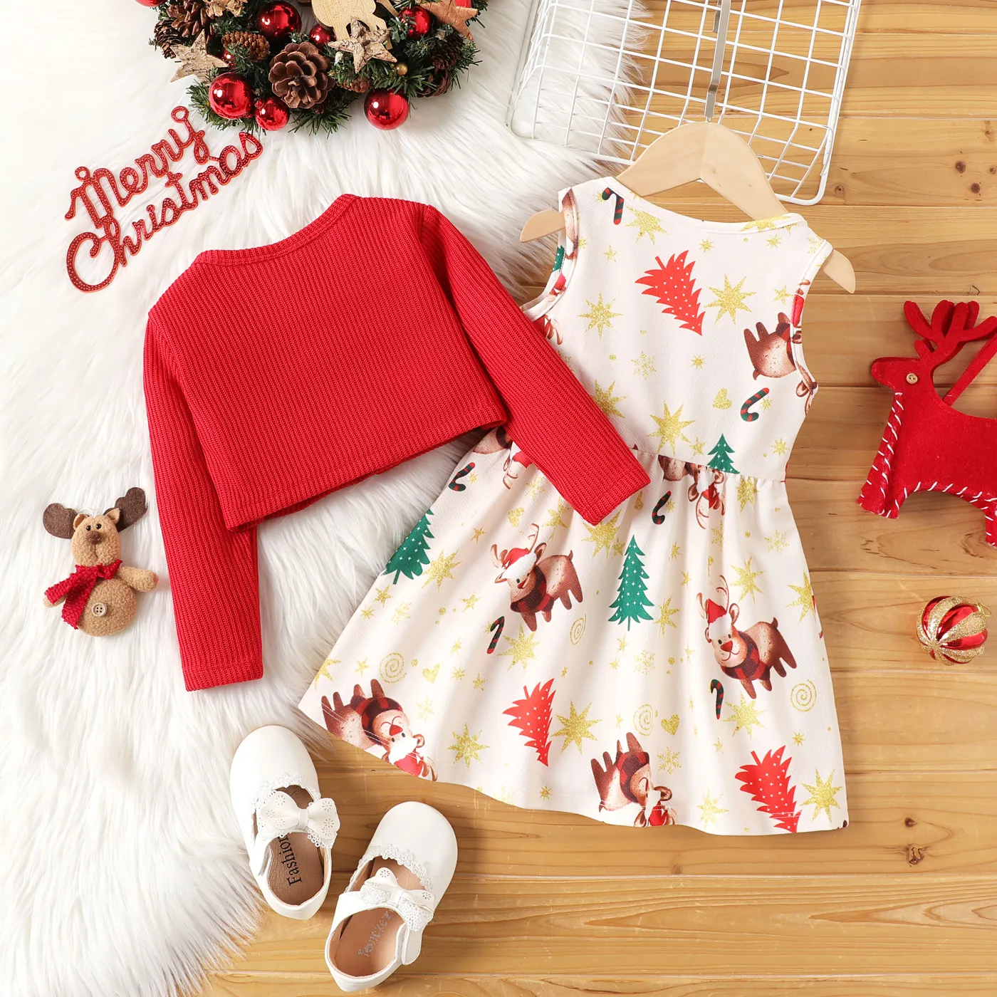 2PCS Toddler Girl  Childlike Button Feature Christmas Coat/Skirt Set
 Red image 2